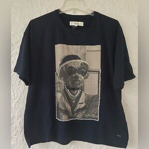 Koala Bay black short sleeve T-shirt funny dog graphic print, pearl details; L